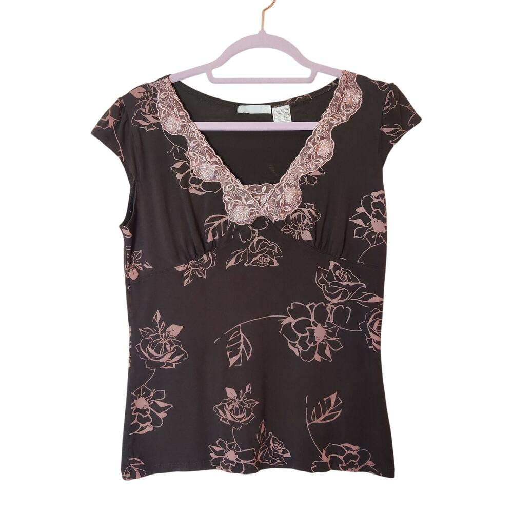 Vtg Y2K Brown Floral Babydoll Top Large 10/12 Pink Lace Trim Preppy Fairy Grunge